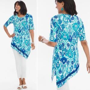 Chico's Assymetrical Crochet-Hem Ikat Tunic‎ Top Blue Chico's size 3 (U.S. XL)